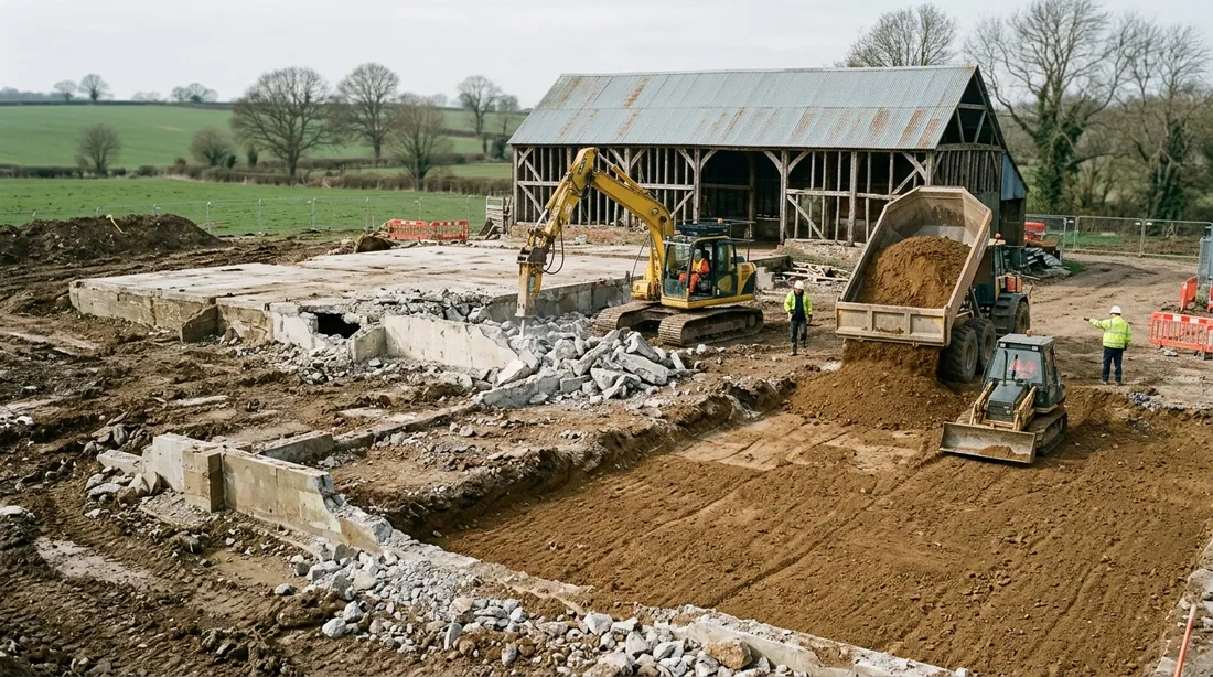 Slab, foundation walls and buried footings removed if specified, then the site backfilled and graded — Springfield, MO