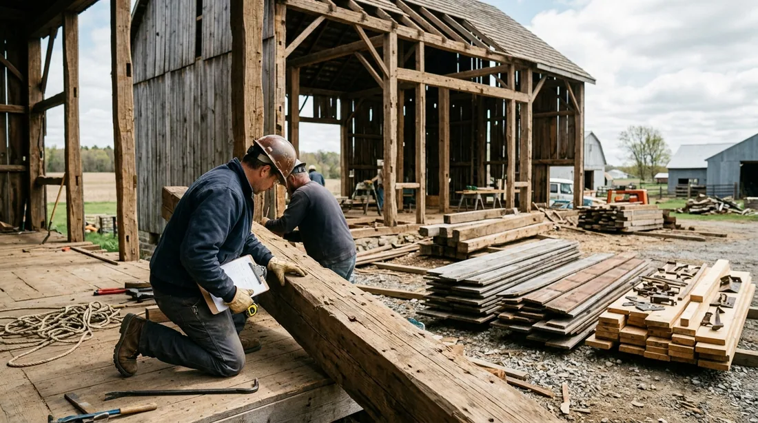 Timber frame, siding, beams, and fixtures evaluated for reclamation value — Springfield, MO