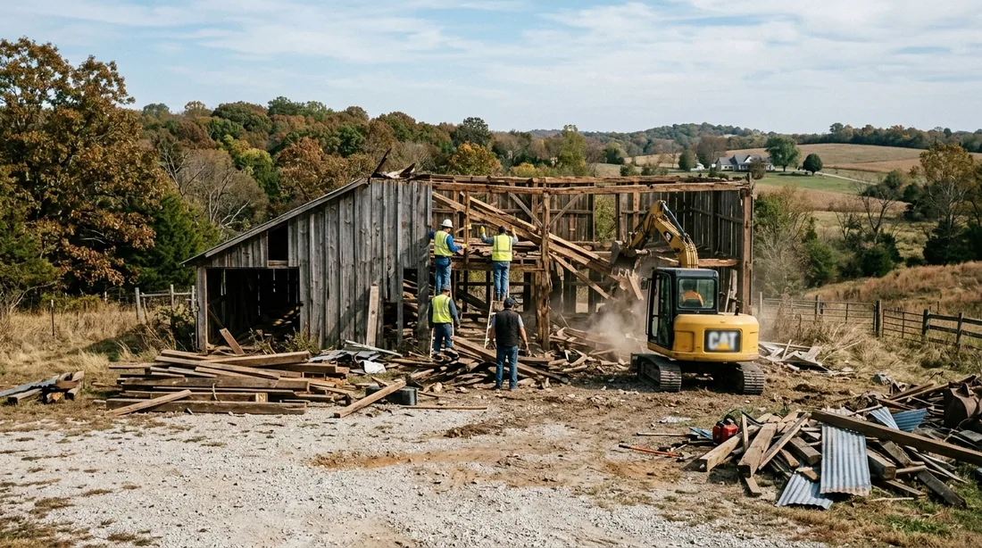 A small professional crew working on a barn demolition job at a property, seen from behind and at a — Springfield, MO